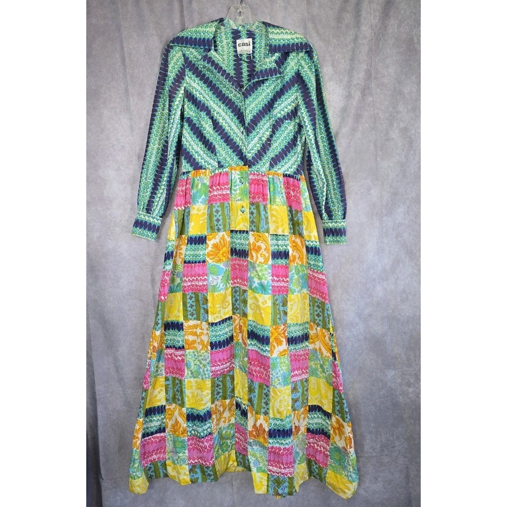 CASI Women's Size 10 VTG Patchwork Maxi Dress Chevron Bodice Long Sleeve Hippie